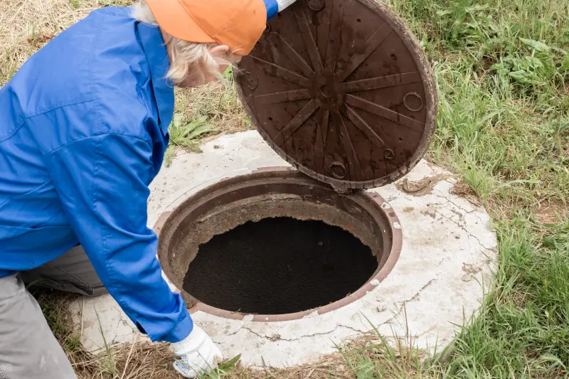 Septic System A working plumber opens a sewer hatch. Maintenance of septic tanks and water wells.
